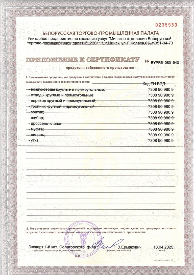 Сертификат продукции собственного производства на Двери наружные и внутренние из ПВХ (лист4)